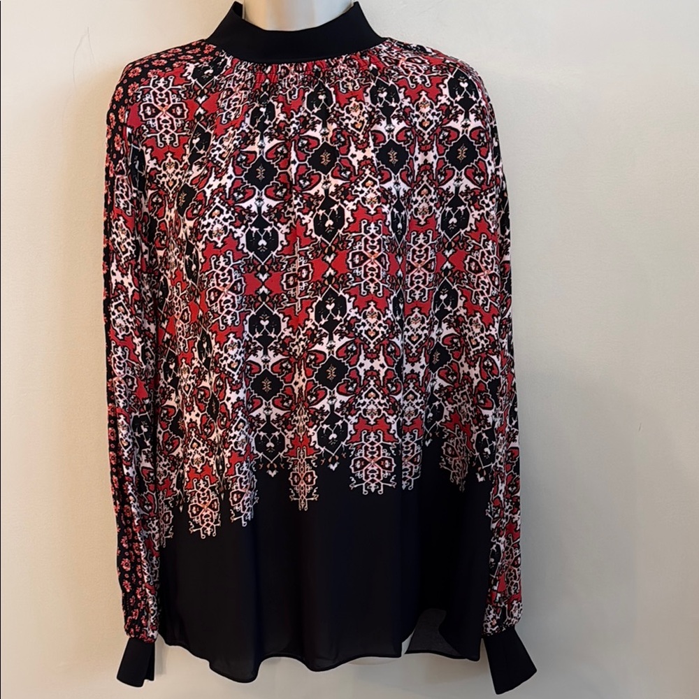 REISS Maisie Patchwork Long Sleeve Printed Blouse Black & Red Career Size 6 - Picture 5 of 14